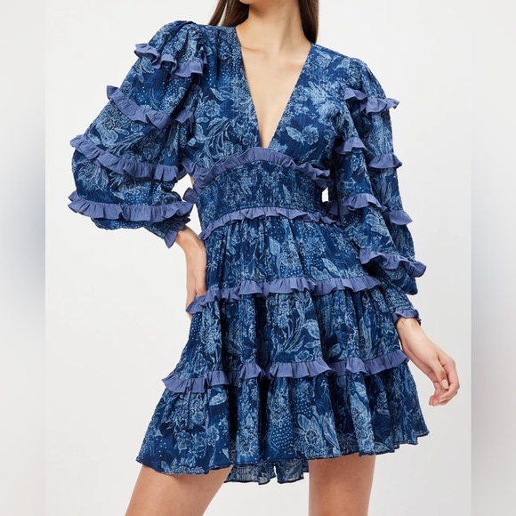 Elliatt Alvernia Ruffle Long Sleeve Mini Dress in Navy Blue Size XL - Picture 5 of 14